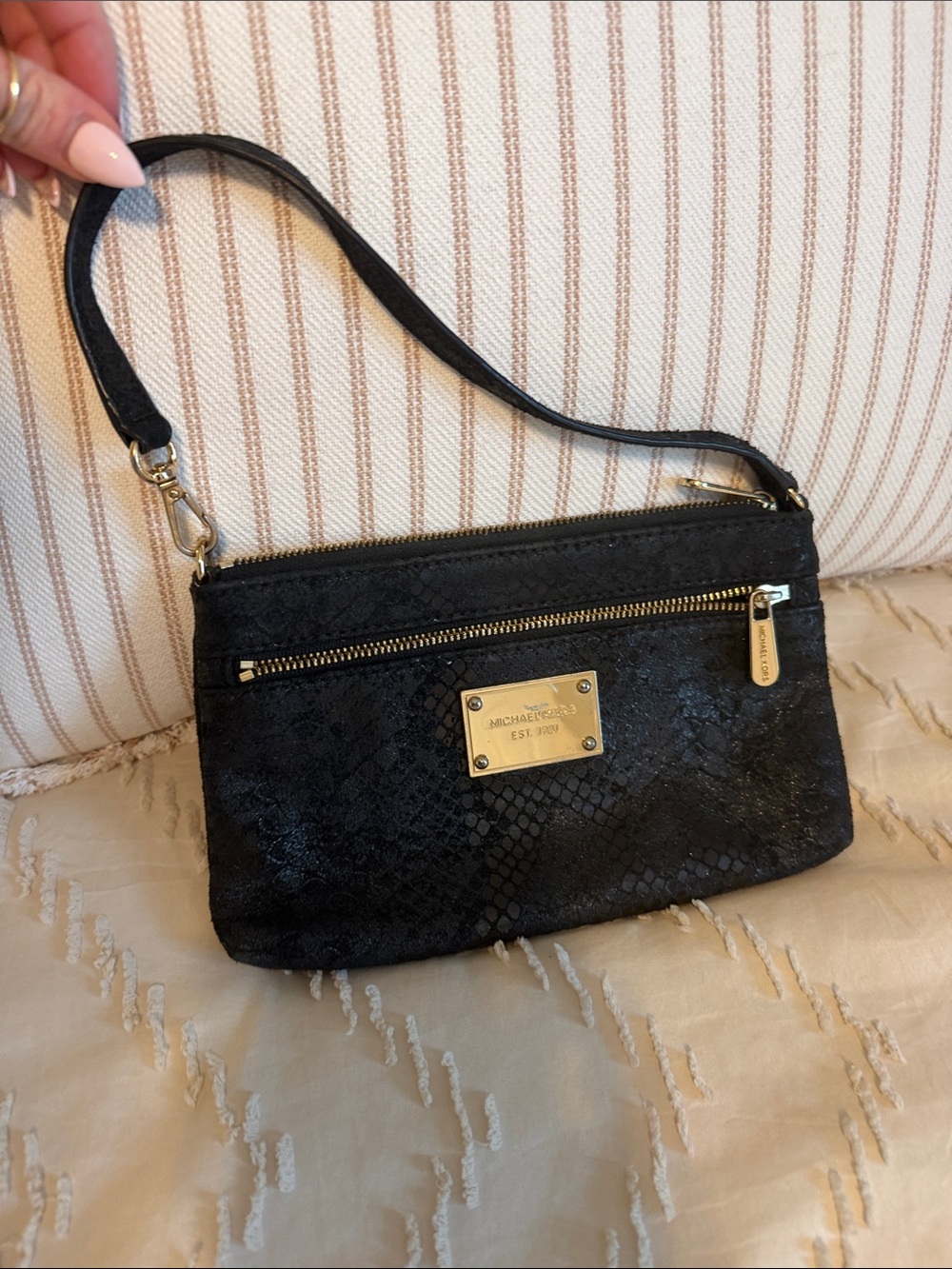 Michael Kors Black Snake-Texture Wristlet with Gold Plaque